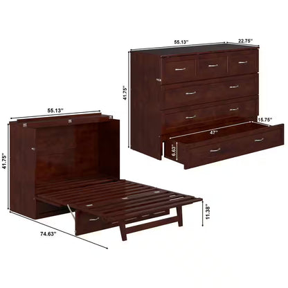 Deerfield Walnut Brown Wood Frame Full Murphy Bed Chest with 6 In. Mattress, Storage Drawer and Built-In Charger