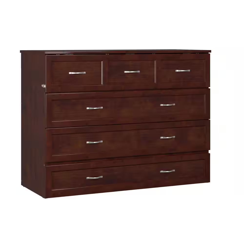 Deerfield Walnut Brown Wood Frame Full Murphy Bed Chest with 6 In. Mattress, Storage Drawer and Built-In Charger