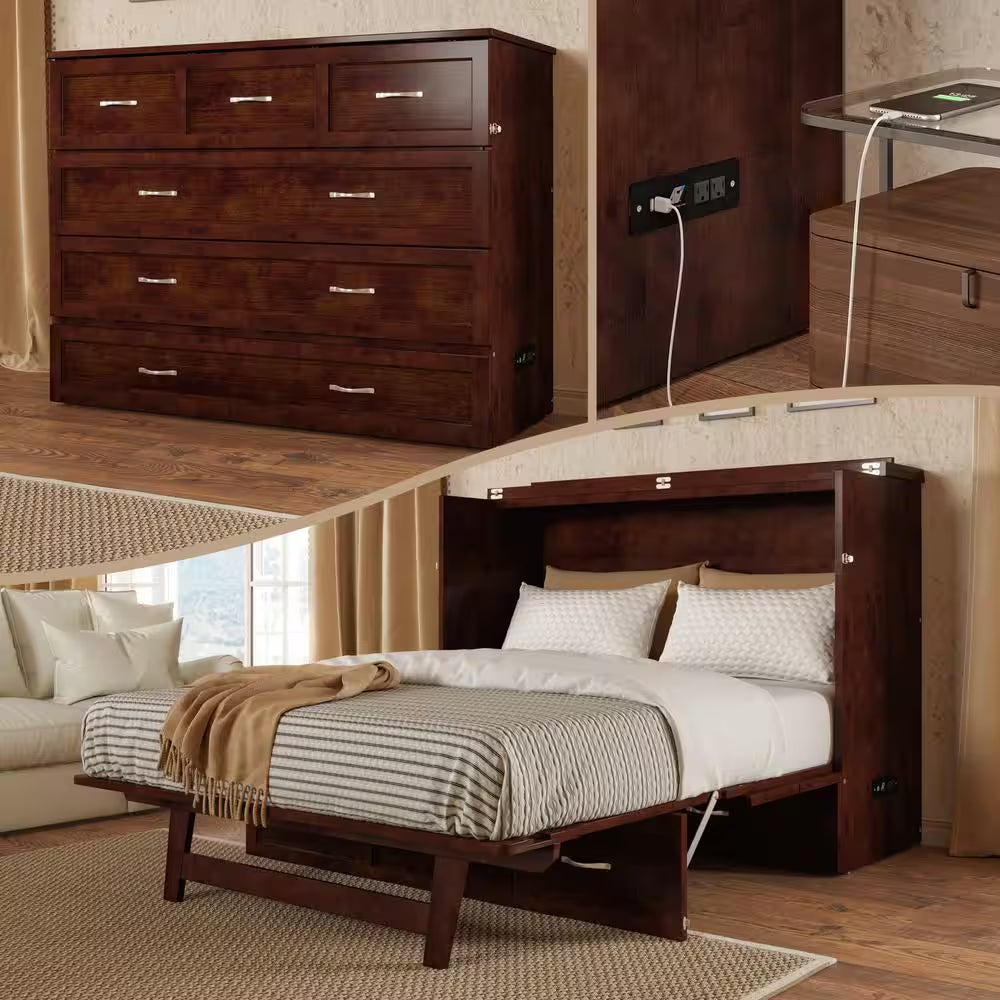 Deerfield Walnut Brown Wood Frame Full Murphy Bed Chest with 6 In. Mattress, Storage Drawer and Built-In Charger